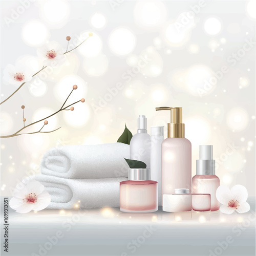 Elegant Spa Arrangement with Rolled Towels Blossoms and Skincare Products