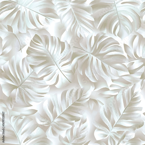 Elegant white seamless pattern with three dimensional leaves.