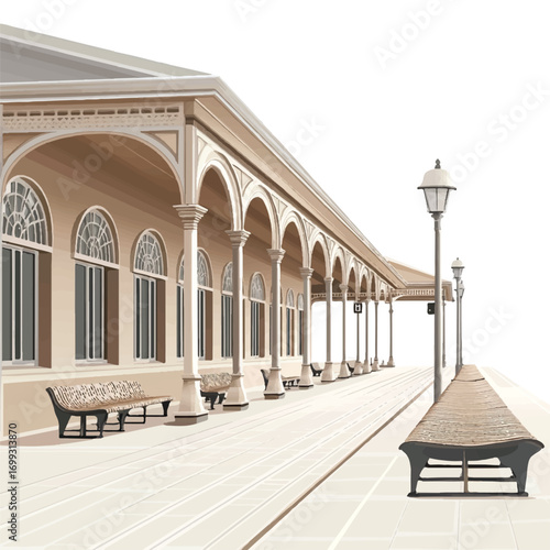  Elegant Train Station Platform with Arched Columns and Vintage Benches.