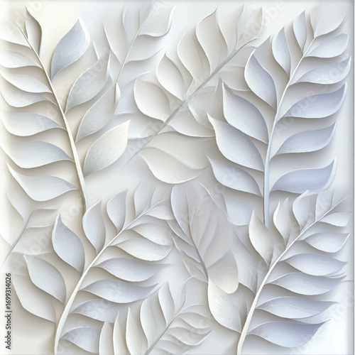 Elegant white seamless pattern with three dimensional leaves.