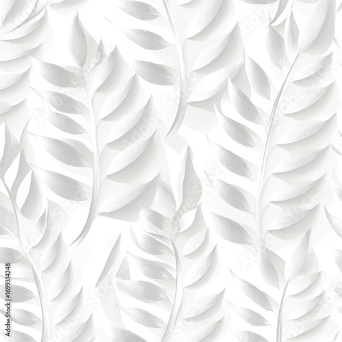 Elegant white seamless pattern with three dimensional leaves.
