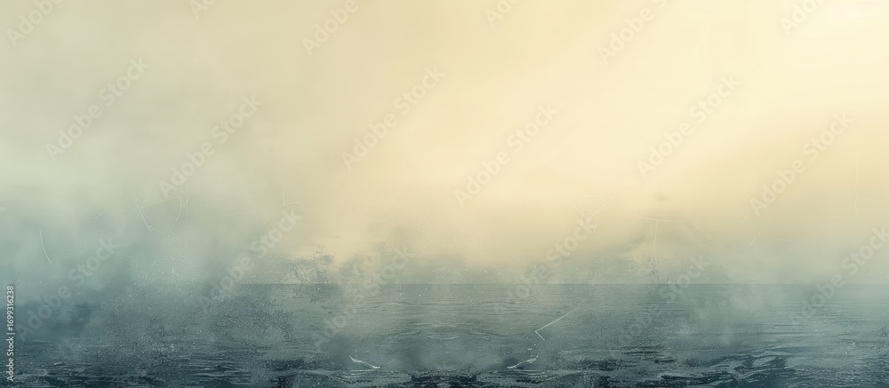 Obraz premium A misty, low-lying landscape stretches to a pale, hazy sky. The ground is dark and textured, almost obscured by the swirling fog