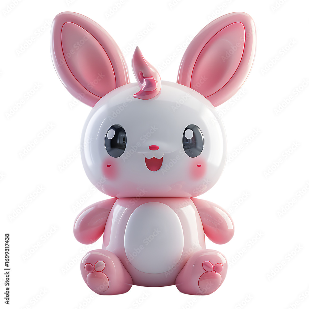 Obraz premium Adorable pink bunny-unicorn character with a sweet smile, presented as a charming 3D rendered toy, radiating a playful and whimsical aura against a clean white background