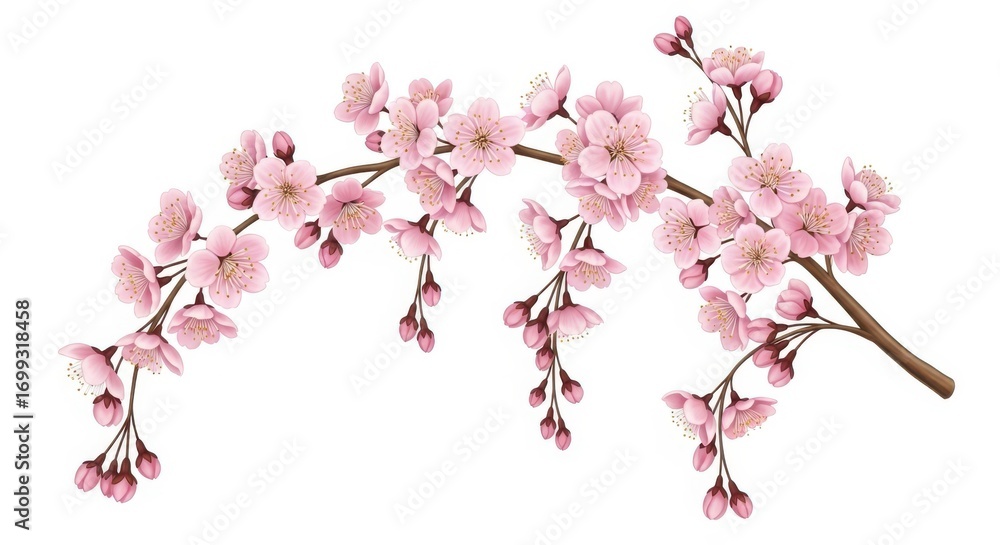 Fototapeta premium A delicate branch of cherry blossoms with soft pink flowers and buds, isolated on a clean white background