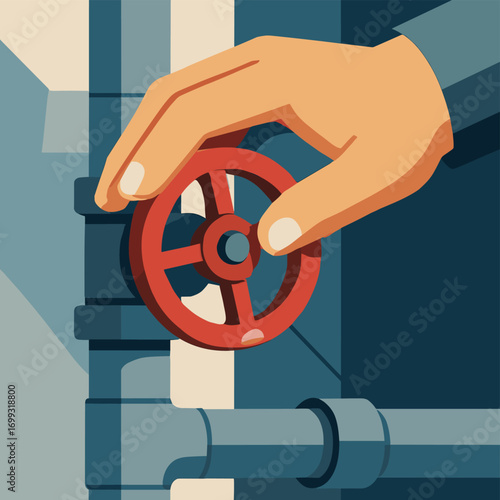 Flat design of hand controlling red valve on industrial pipe system