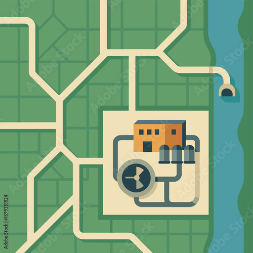 Urban water treatment map in isometric design for infrastructure planning