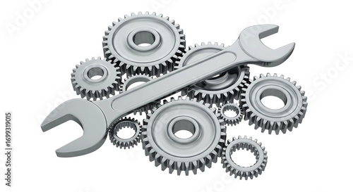 Shiny Chrome 3D Cogwheels and Spanner Isolated on White Background