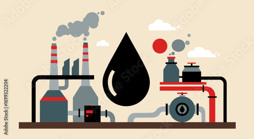 Flat design oil industry with smoke stacks and machinery elements