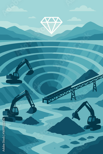 Isometric mining scene with machinery and diamond in landscape