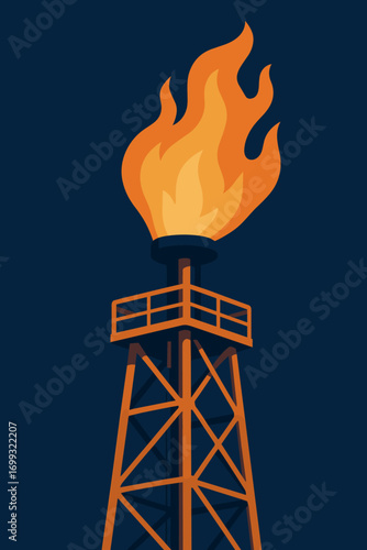 Minimalist oil refinery flare tower with fiery blaze against a dark sky