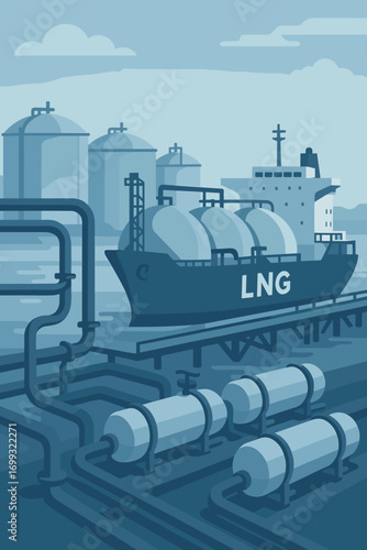 Lng terminal with tanks and ship in flat design
