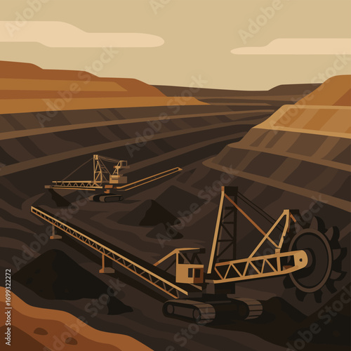 Retro mining machinery in desert quarry landscape