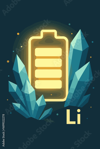 Futuristic neon glow battery with crystals and lithium element