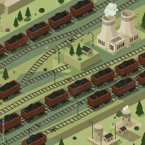 Isometric coal train railway in industrial landscape with power plant