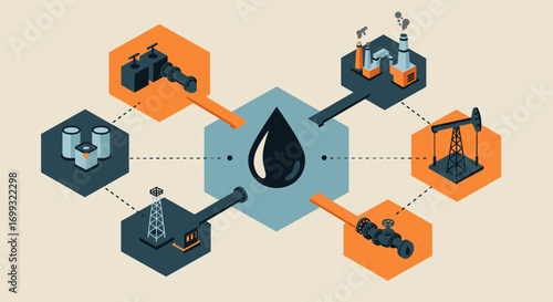 Industrial oil network: pipelines and refineries in isometric design