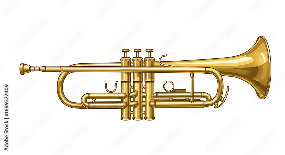 Obraz premium A realistic vector illustration of a golden trumpet with detailed valves and reflections, centered on a clean white background
