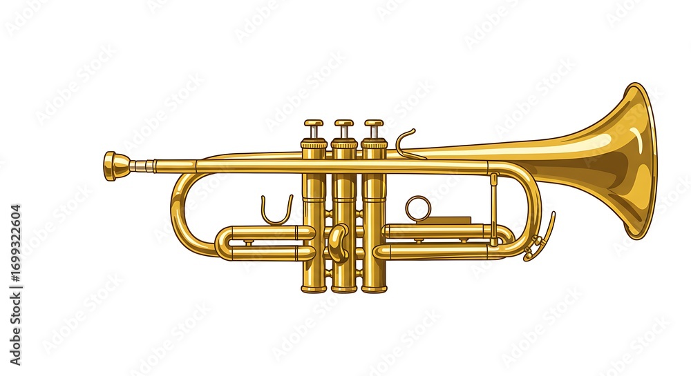 Obraz premium A realistic vector illustration of a golden trumpet with detailed valves and reflections, centered on a clean white background 