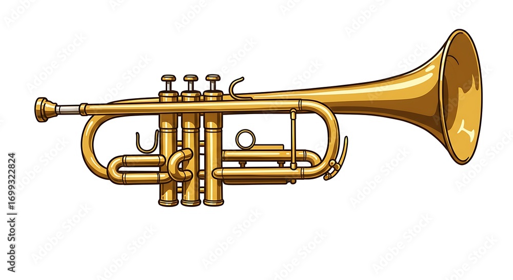 Fototapeta premium A realistic vector illustration of a golden trumpet with detailed valves and reflections, centered on a clean white background 