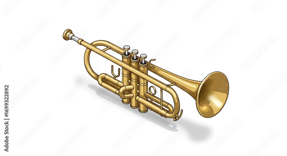Obraz premium A realistic vector illustration of a golden trumpet with detailed valves and reflections, centered on a clean white background