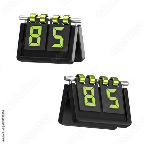 A set of two 3D rendered digital flip scoreboards showing the number eighty-five in bright green, isolated on a clean white background