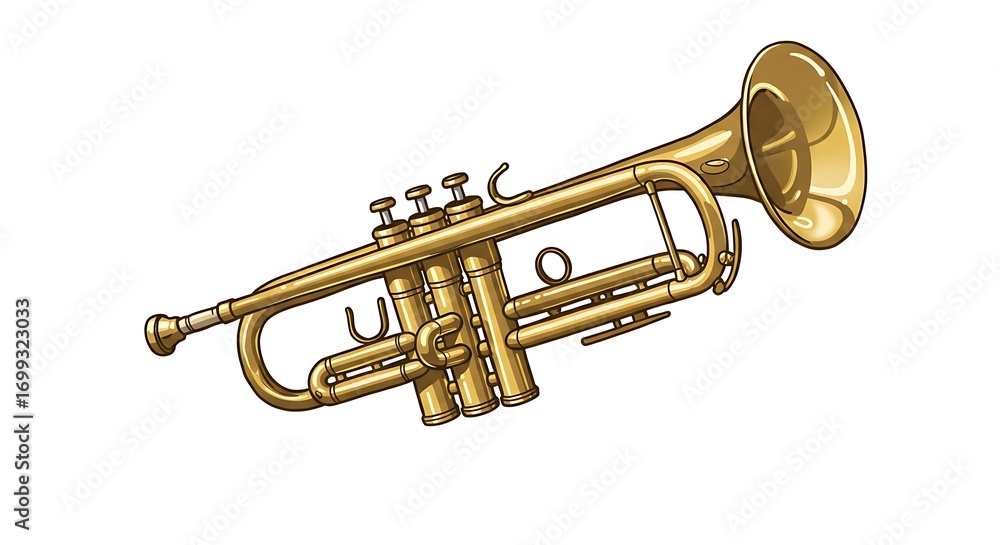 Obraz premium A realistic vector illustration of a golden trumpet with detailed valves and reflections, centered on a clean white background