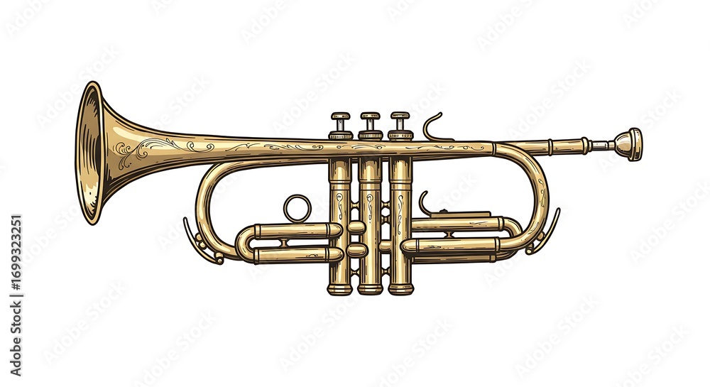Obraz premium A realistic vector illustration of a golden trumpet with detailed valves and reflections, centered on a clean white background 