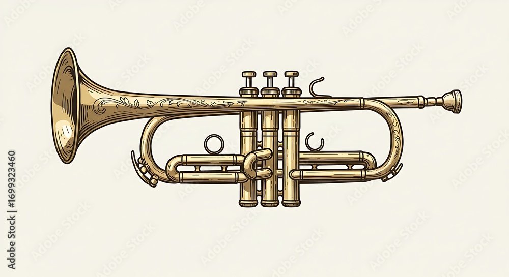 Obraz premium A realistic vector illustration of a golden trumpet with detailed valves and reflections, centered on a clean white background 