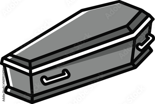The visual shows a simple, grayscale illustration of a coffin, rendered in a pixel art style. 