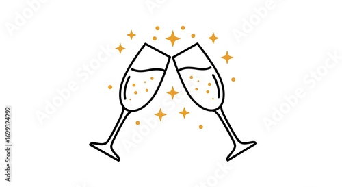 A vector icon of champagne glasses clinking together with celebratory sparkles, centered on a white background
