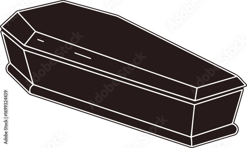 The image shows a simple line drawing of a black coffin, viewed from a slightly elevated angle.