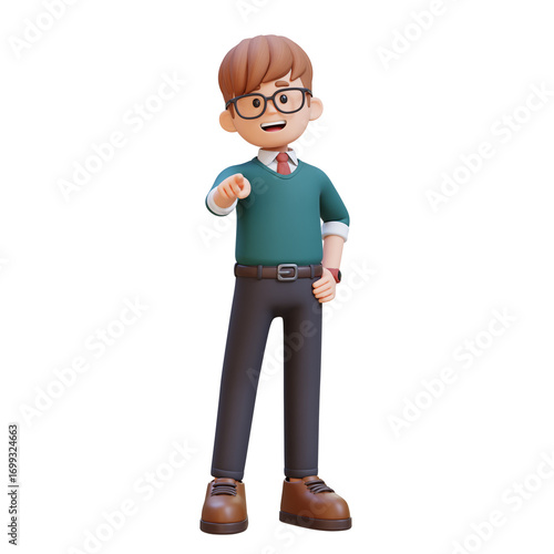 3D cartoon young male teacher character Pointing Hand
