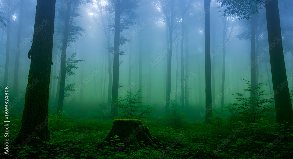 Obraz premium Mysterious Misty Forest Landscape With Tall Trees And Lush Green Undergrowth