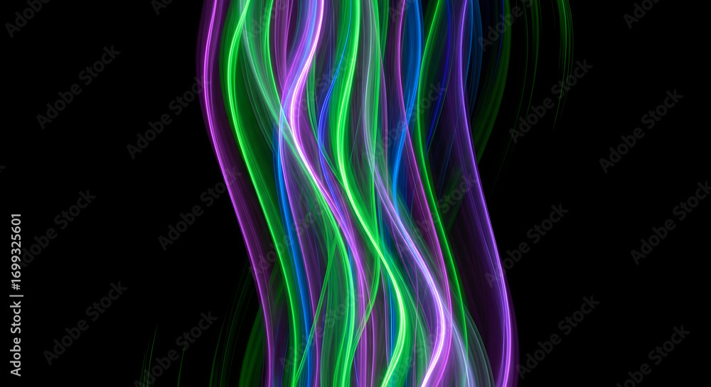 Fototapeta premium Abstract Flowing Waves of Green, Purple, and Blue Lights on a Dark Background