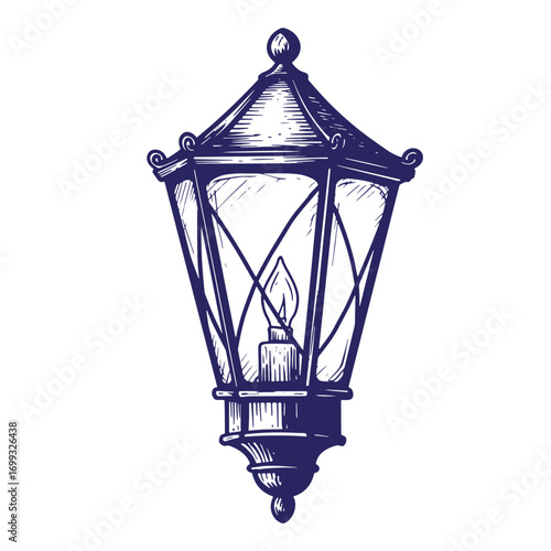 Intricate engraved illustration of an old fashioned lantern with a flickering candle