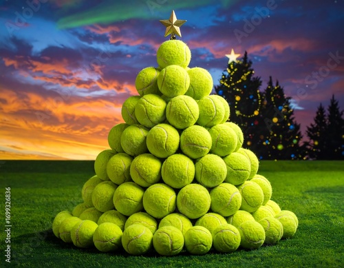 A festive christmas tree constructed from many bright lime green tennis balls sits on a grassy field, with a beautiful sunset sky and another christmas tree in the background.