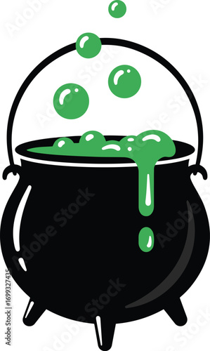A captivating pixel art illustration depicts a bubbling black cauldron brimming with a vibrant green potion. Emerald droplets spill over the cauldron's rim, adding to the magical ambiance