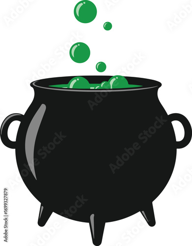 A captivating pixel art illustration depicts a black cauldron, perched on three sturdy legs, bubbling with a vibrant green potion. Light green bubbles rise from the concoction, suggesting a magical br