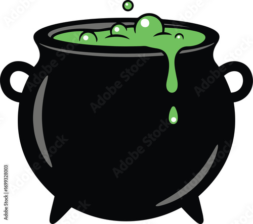 A bubbling green potion overflows a black pixel art cauldron, its steam subtly hinting at magical concoctions and Halloween festivities.