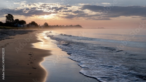 Wallpaper Mural A serene beach scene at sunrise, featuring gentle waves lapping against sandy shores. The calm atmosphere is enhanced by soft clouds and the warm glow of early morning light. Torontodigital.ca