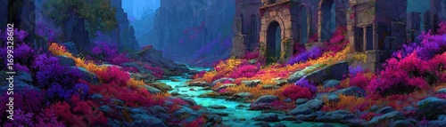 Beautiful fantasy landscape artistic painting concept. Vibrant scenery with flowing water and colorful foliage.