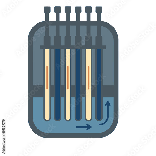 Nuclear reactor diagram with control rods and coolant flow in flat design