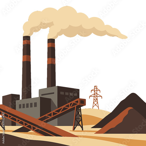Industrial power plant landscape with smokestacks at night