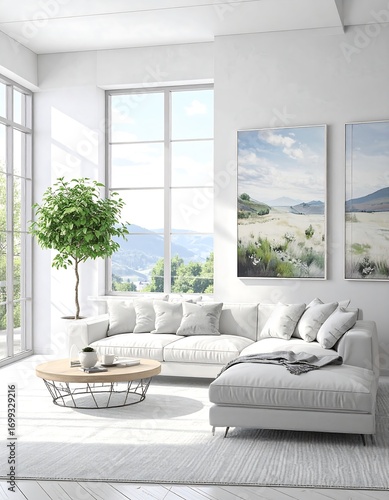 Modern, bright living room with mountain view