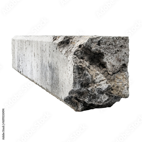 Png of closeup of a broken concrete beam isolated on transparent background, revealing its internal structure and damage