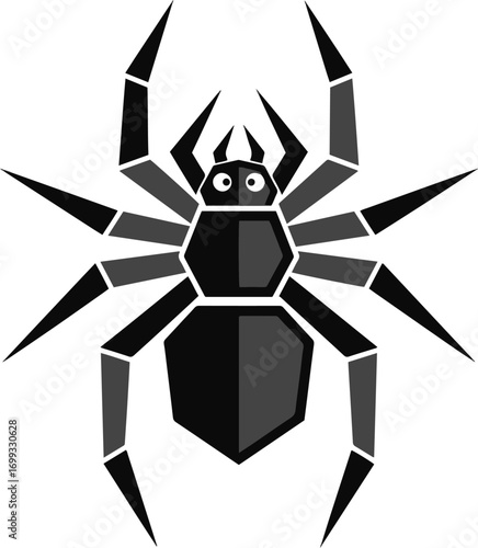 A captivating pixel art rendition of a spider dominates the frame. Its eight legs are sharply defined, and its segmented body is rendered in varying shades of gray,