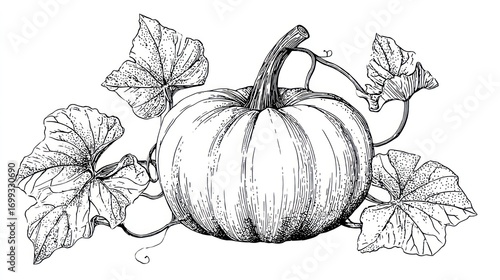A detailed pen and ink drawing of a pumpkin with leaves