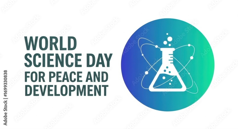 Naklejka premium World science day for peace and development with beaker and atom illustration on blue and green circle