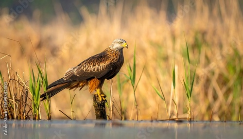 A red kite perches on a weathered wooden post, overlooking a tranquil marsh at dawn, bathed in warm golden light.