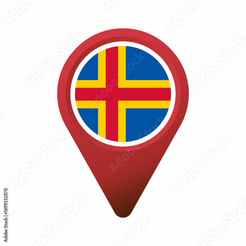 Red map pin pointer with Åland flag inside flat illustration