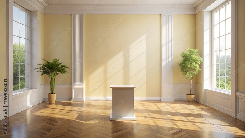 Fototapeta premium Bright interior with podium and plants in pots